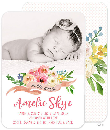 Ribbon with Flowers Photo Birth Announcements
